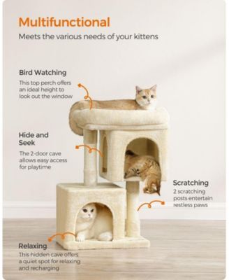 26.4-Inch Indoor Pet Play Tower with 2 Cat Caves, Scratching Posts, Top Perch, Anti-Tip Kit
