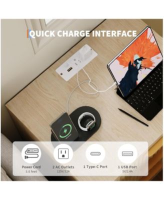 Set of 2 Natural Fluted Nightstands, Bedside Table with Charging Station Drawers & Open Storage