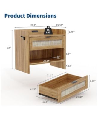 Set of 2 Walnut Brown Rattan Nightstands, 1-Drawer Bedside Table with Type-C Charging Station & Open Storage