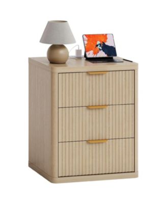 1PC Natural Fluted Nightstand, 3-Drawer Bedside Table with Charging Station & Open Storage