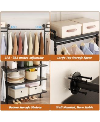 Clothing Rack,Garment Rack With 3 Wood Shelves, Organizer Rack Wall Mounted