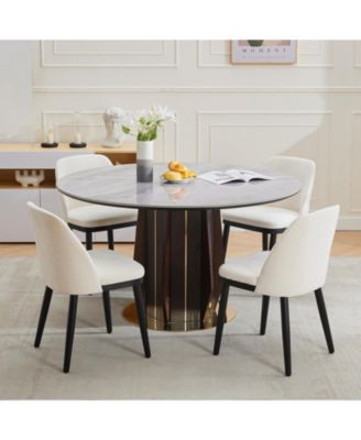 Modern Linen Upholstered Dining Chair Set, Curved Back Kitchen Chairs with Solid Wood Legs