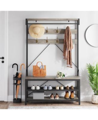 72" Industrial Hall Tree with Shoe Bench, Storage Shelf & 8 Double Hooks for Entryway