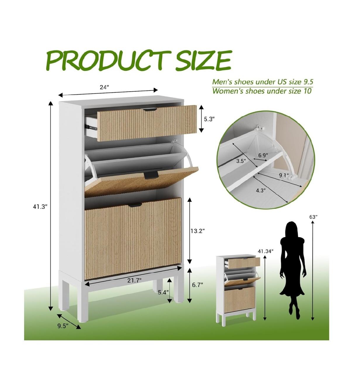 gaomon Shoe Storage Cabinet with 2 Flip Drawers, Farmhouse Fluted Shoe Organizer with Metal Legs, Freestanding Hidden Slim Narrow Shoe Rack