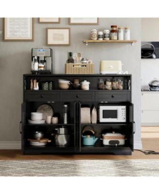 Farmhouse Black Sideboard Buffet Cabinet with Storage Shelf and Built-in Charging Station, 51-inch Large Coffee Bar Hutch