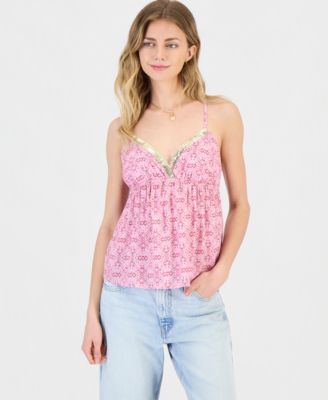 Juniors' Sequin-Trim Printed Babydoll Tank