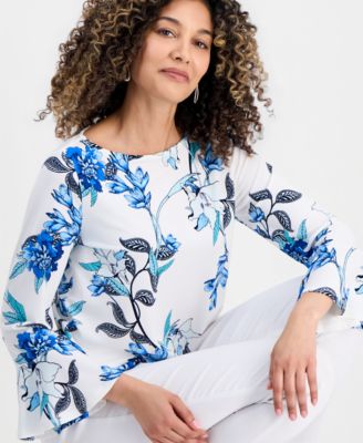 Petite Floral Flare-Sleeve Boat-Neck Top