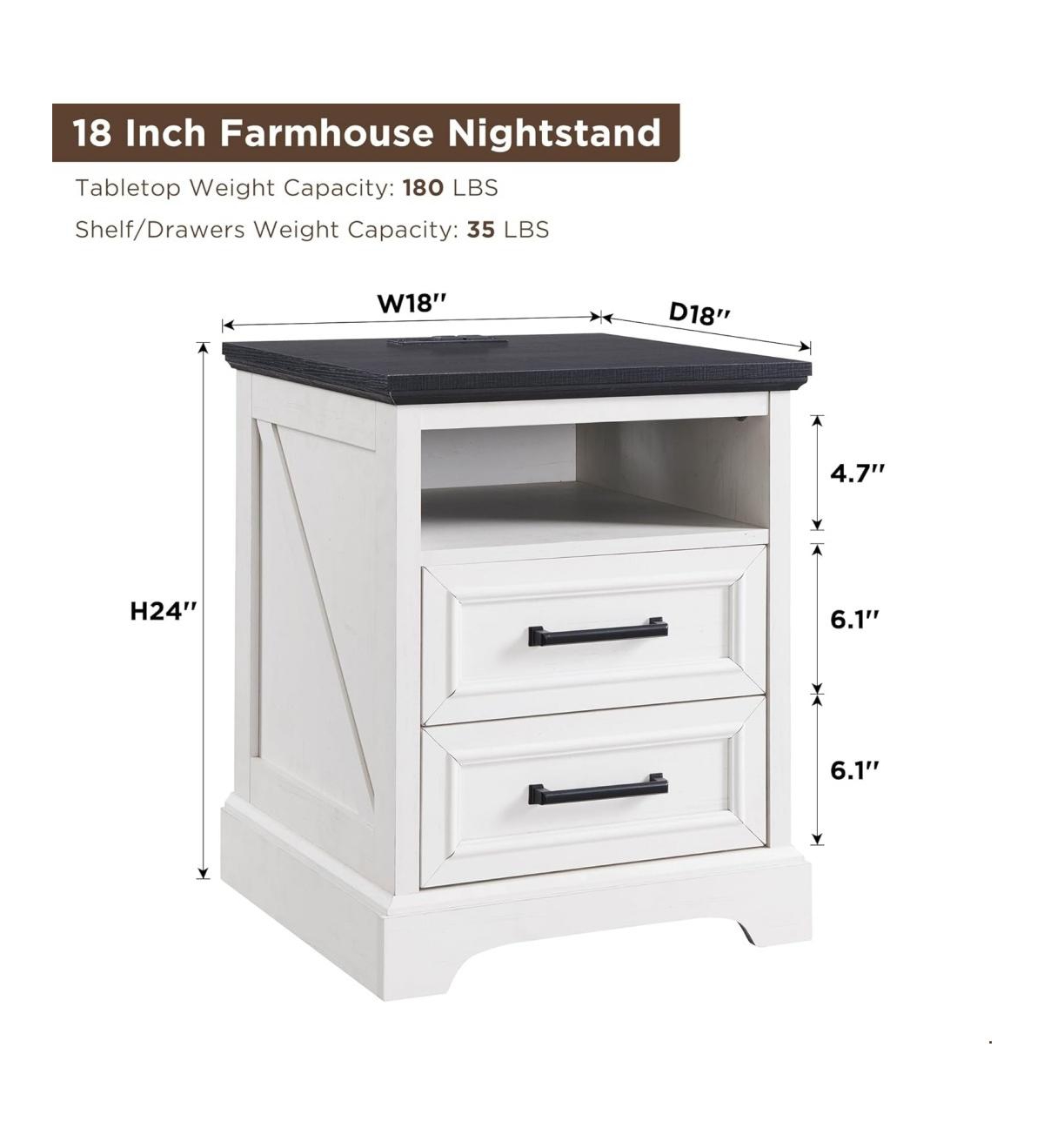 gaomon Set of 2 18 Inch White Farmhouse Nightstands, 2-Drawer End Table with Usb Charging Station
