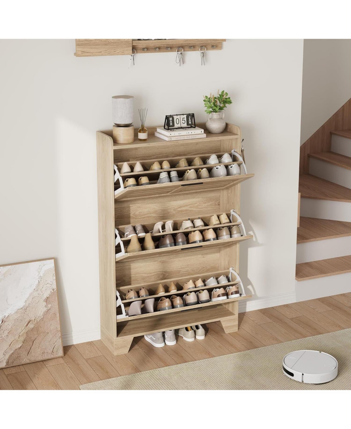 Draft - gaomon Shoe Storage Cabinet with 3 Flip Drawers, Freestanding Shoe Organizer Storage for Entryway with 2 Side Hooks, Shoe Rack Cabinet, Natura