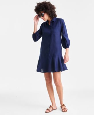 Women's 100% Linen Button-Front 3/4-Sleeve Dress