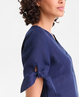 Women's 100% Linen Split-Neck Tie-Cuff Top