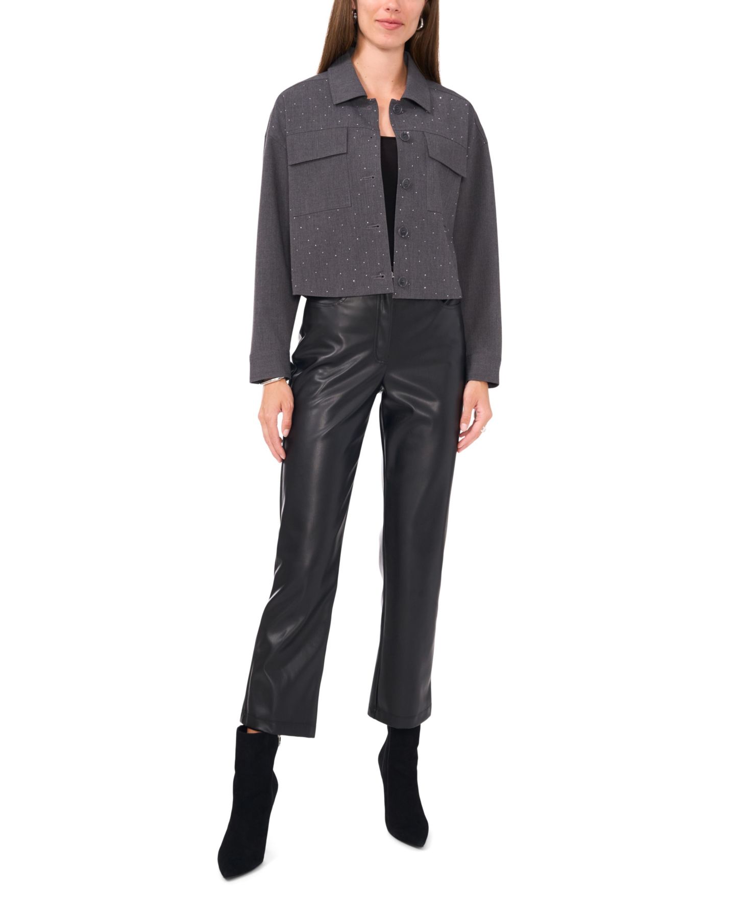 Женская куртка Vince Camuto Cropped Button-Up Shirt Jacket, цвет: Меланжевый серый — фото 2
