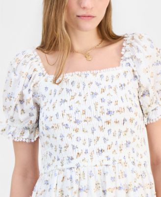 Juniors' Textured Floral Printed Puff-Sleeve Midi Dress