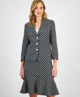 Women's Polka Dot Jacquard Blazer, Ruffle-Trim V-Neck Top & Polka Dot Flared-Hem Pencil Skirt, Regular & Petite