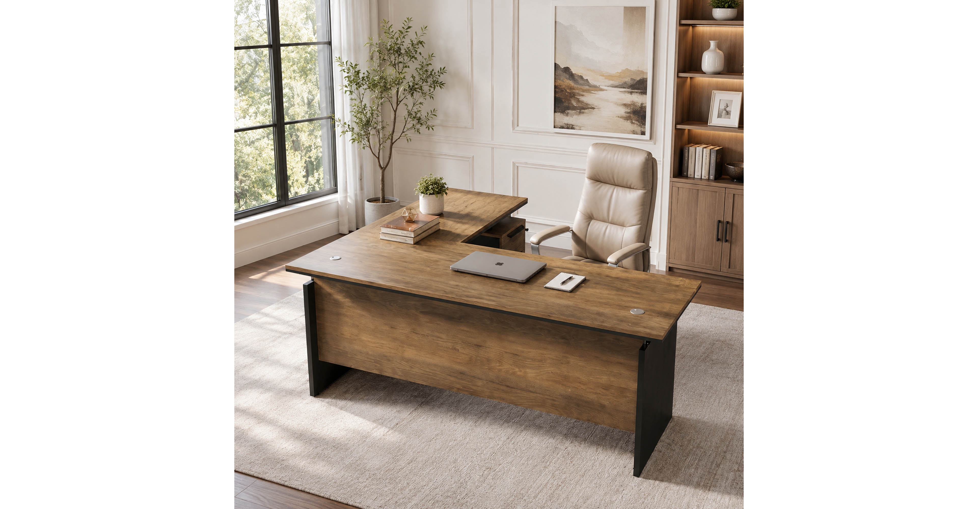 logicfox 63-Inch L-Shaped Compact Desk in Brown with Drawer