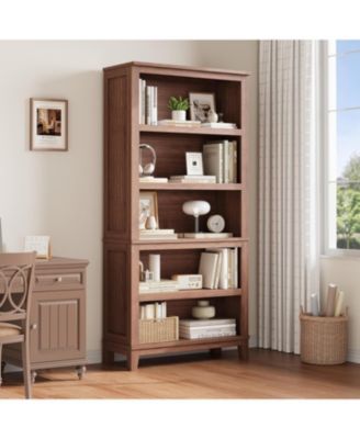 71" Farmhouse Bookcase w/Adjustable Shelves & 31.5" Width, 5 Tier Tall Bookshelf with Wooden Legs, Rustic Vintage Book Shelf