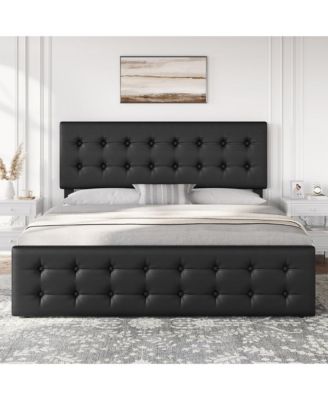 Bed Frame with Headboard and 4 Storage Drawers, Square Stitched Button Tufted Platform - King