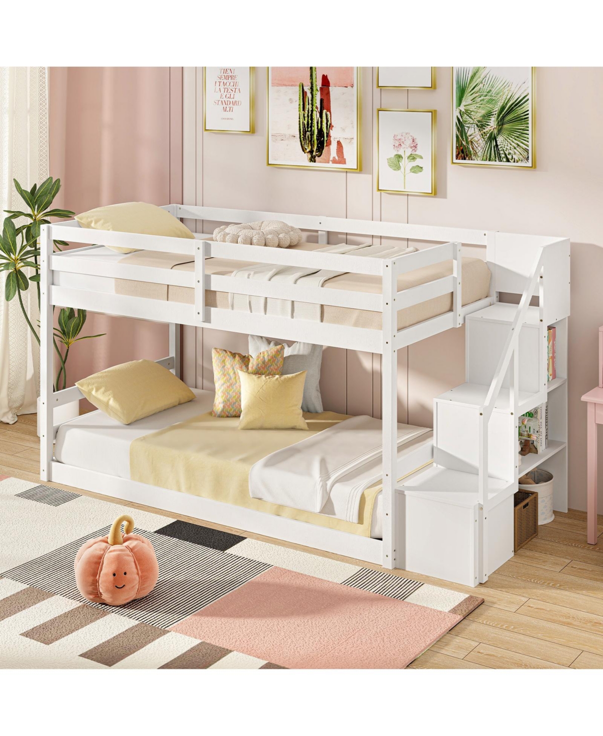 Slickblue Twin Over Twin Bunk Bed with Storage Stairs, Solid Wood Frame - 42