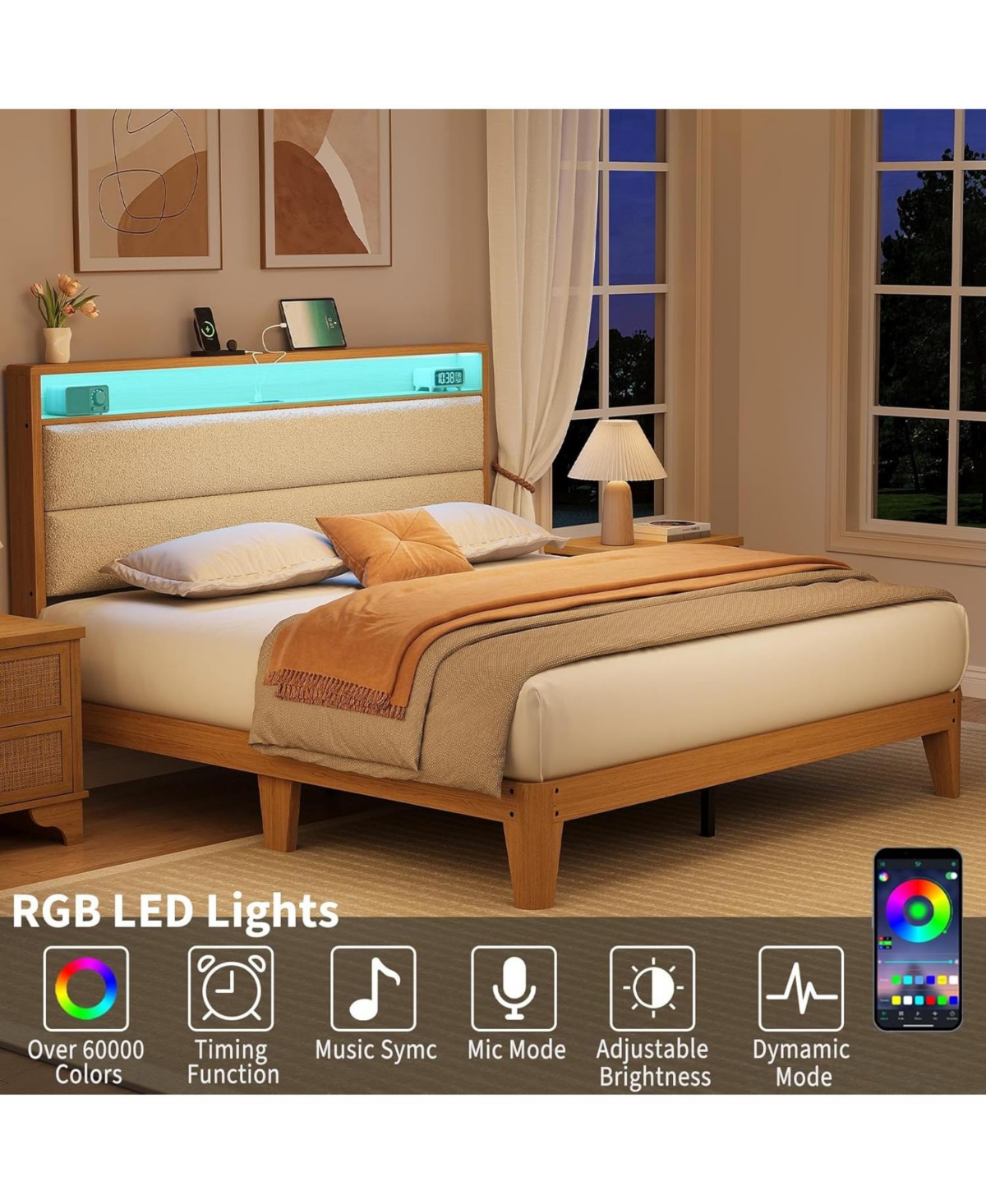gaomon Cream Boucle Upholstered Bed Frame with Led Lights, Charging Station, 2-Tier Storage Shelves