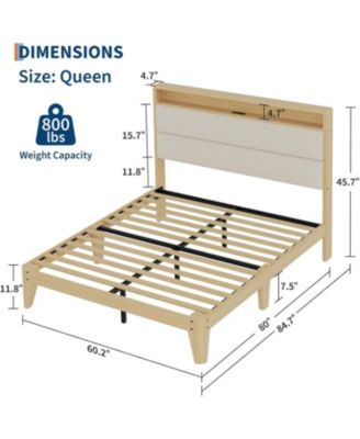 Cream Boucle Upholstered Bed Frame with LED Lights, Charging Station, 2-Tier Storage Shelves - Queen