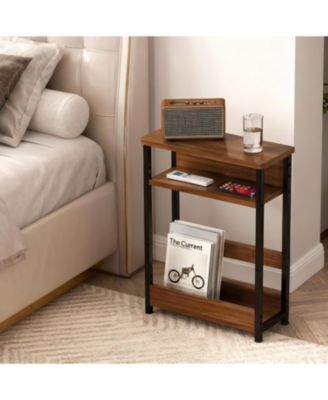Walnut Narrow Side Table Nightstand, Storage Shelf & Magazine Rack Slim Organizer for Small Bathroom Bedroom