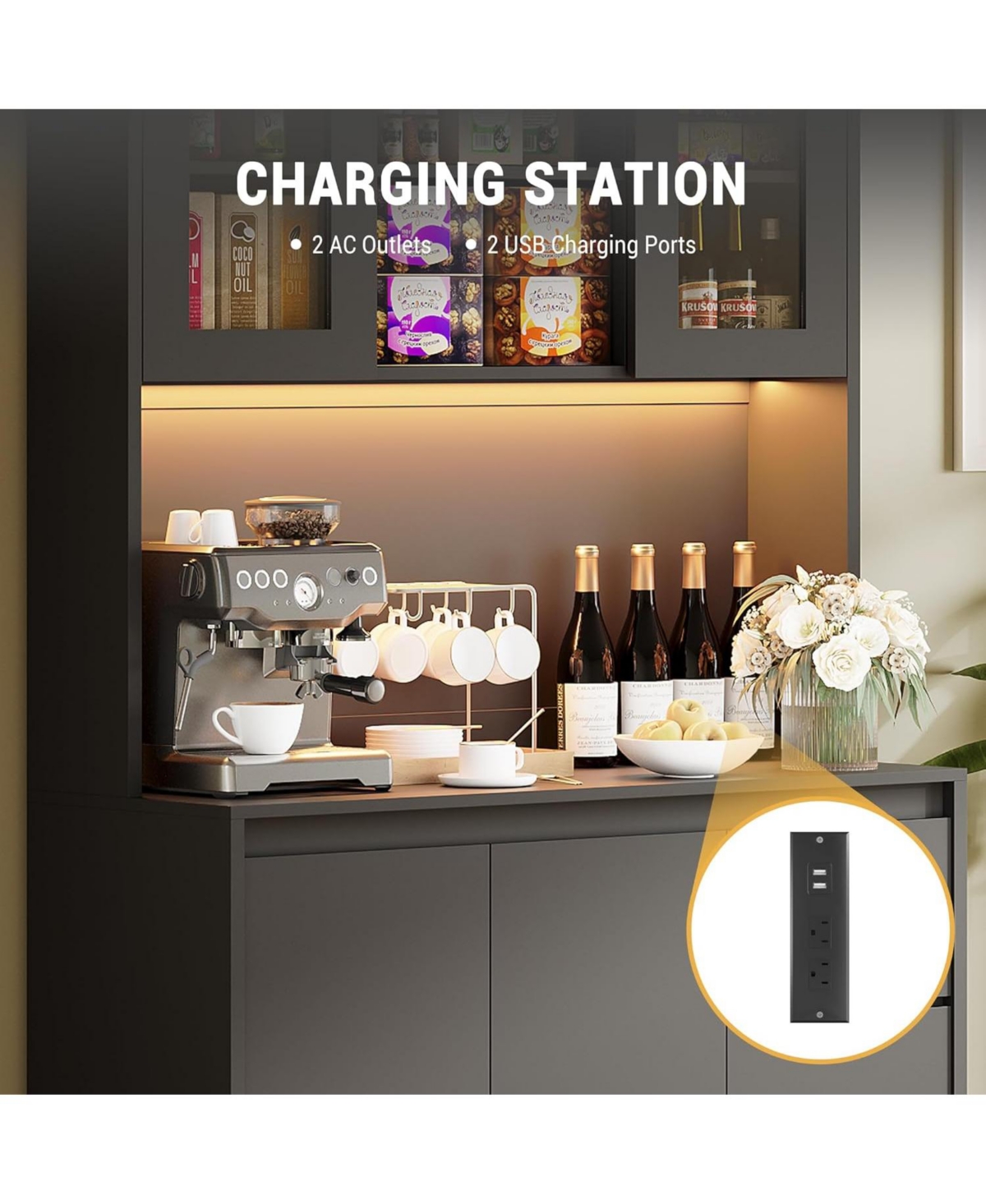 gaomon Freestanding Pantry Cabinet with Adjustable Shelf, Kitchen Built-in Power Hub for Dining