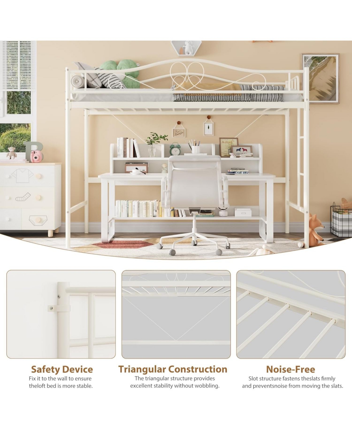 gaomon Loft Bed Twin Size with Removable Ladder & Full Safety Guardrail, Twin Loft Bed Heavy-Duty Metal Frame 400 Lbs Weight Capacity, Space Saving