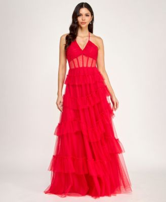 Juniors' Corset Halter Ruffle Tier Skirt Gown