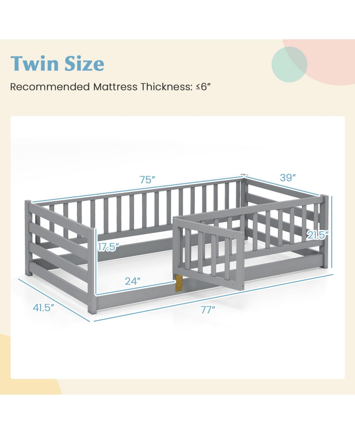 Slickblue Kids Twin Floor Bed with Safety Fence and Playhouse Door - 41