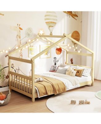 Twin House Bed with Solid Wood Frame and Roof Design - 42