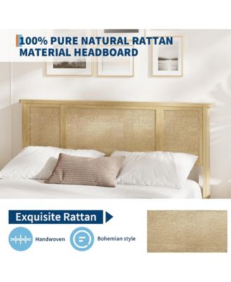 Full Boho Bed with Rattan Headboard, 4 Storage Drawers, Wood Slats, Metal Frame, No Box Spring Needed