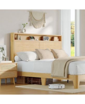 Rattan Queen Size Bed Frame with LED Lights, Boho Wood Bed, Storage Headboard, Charging Station, No Box Spring