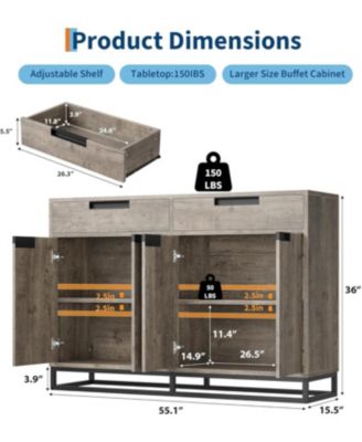 Storage Cabinet Buffet Cabinet with Adjustable Shelves, 55" Sideboard Buffet Cabinet with Sturdy Design 2 Drawers and 4 Doors & Wood Finish
