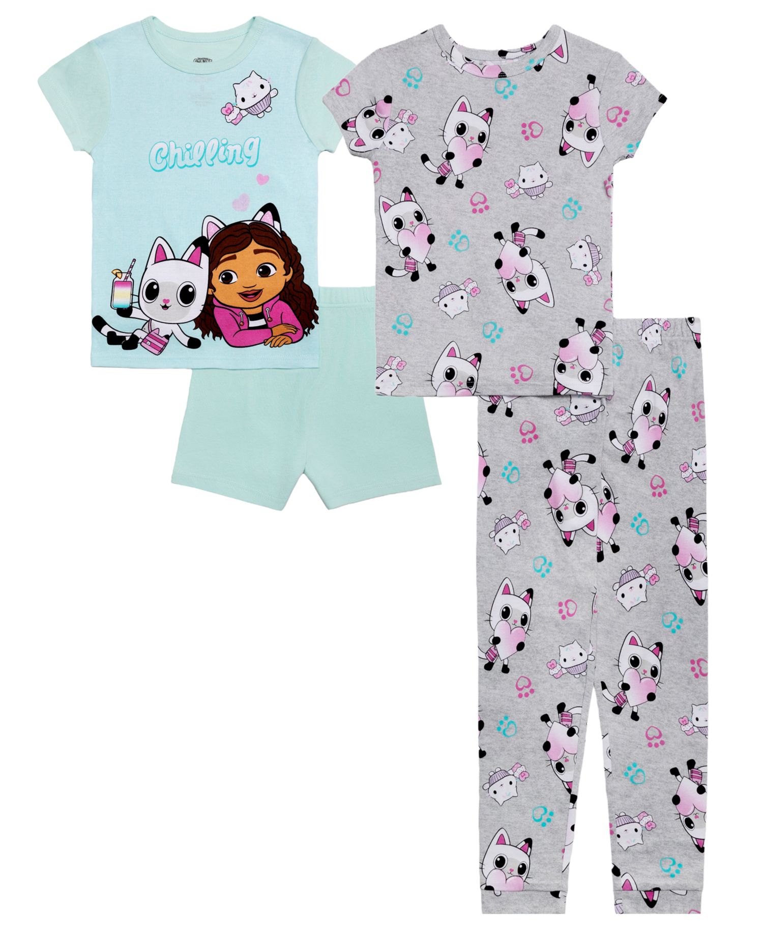 Girls' 4-8 Gabby's Dollhouse Print Tops, Shorts and Pants, 4-Piece Pajama Set