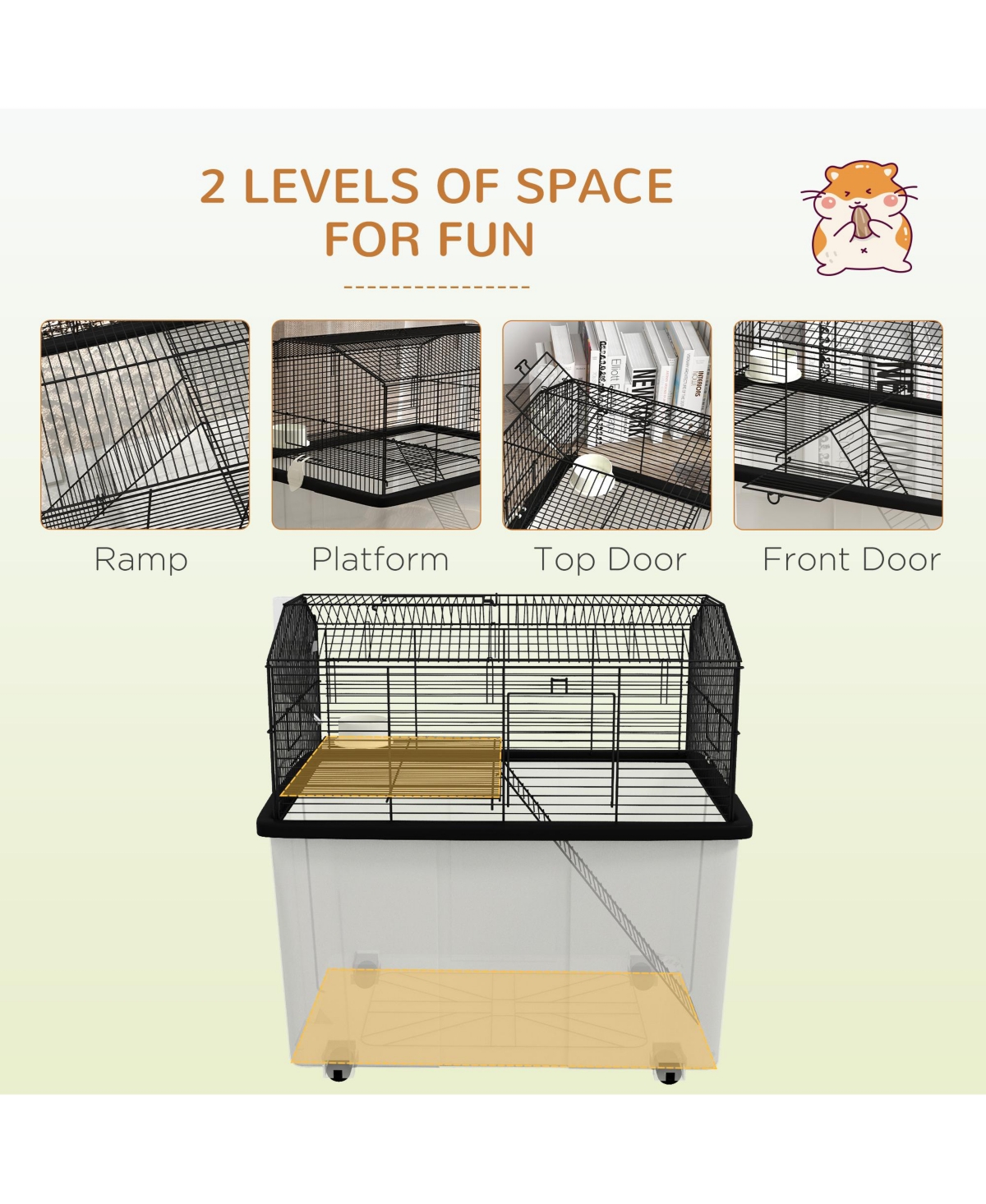 PawHut 22" 2-Tier Hamster Cage with Extra-Deep 14" Base, Accessories,