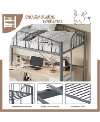 Metal Loft Bed, Steel Frame, Arched Guardrails, Ladder, Space-Saving