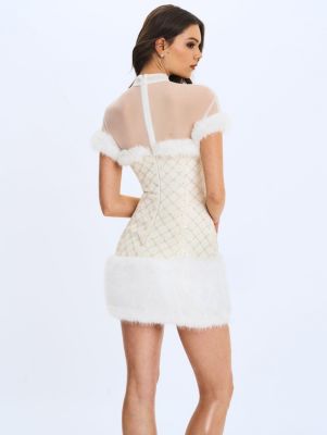 Women's Taylor Ivory Fur Trimmed Beaded Boucle Mini Dress