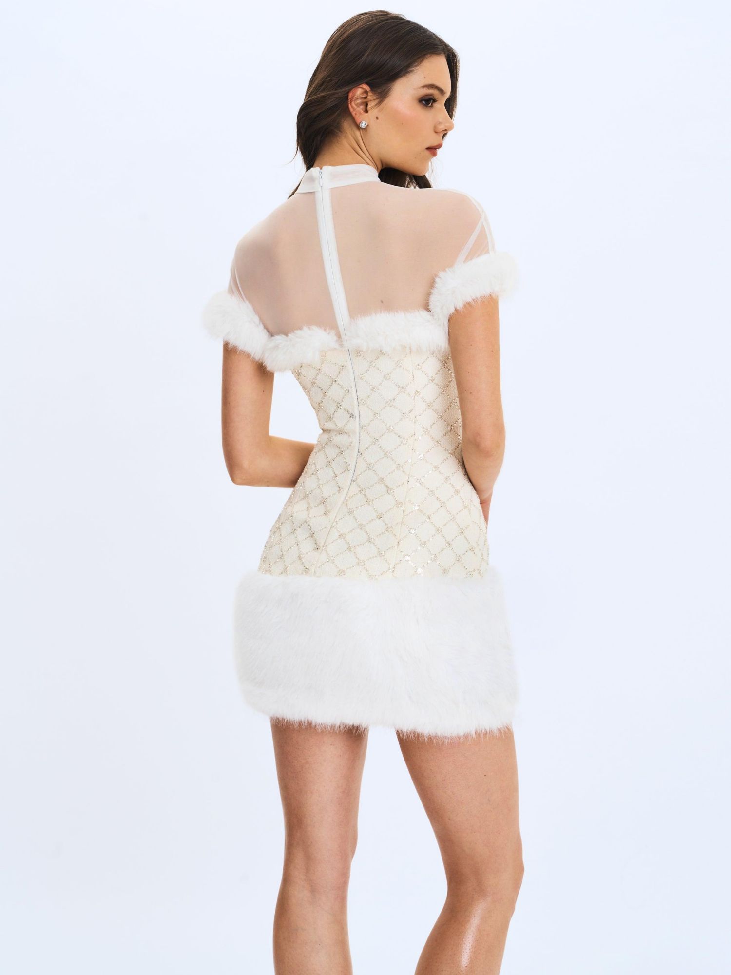 Women's Taylor Ivory Fur Trimmed Beaded Boucle Mini Dress