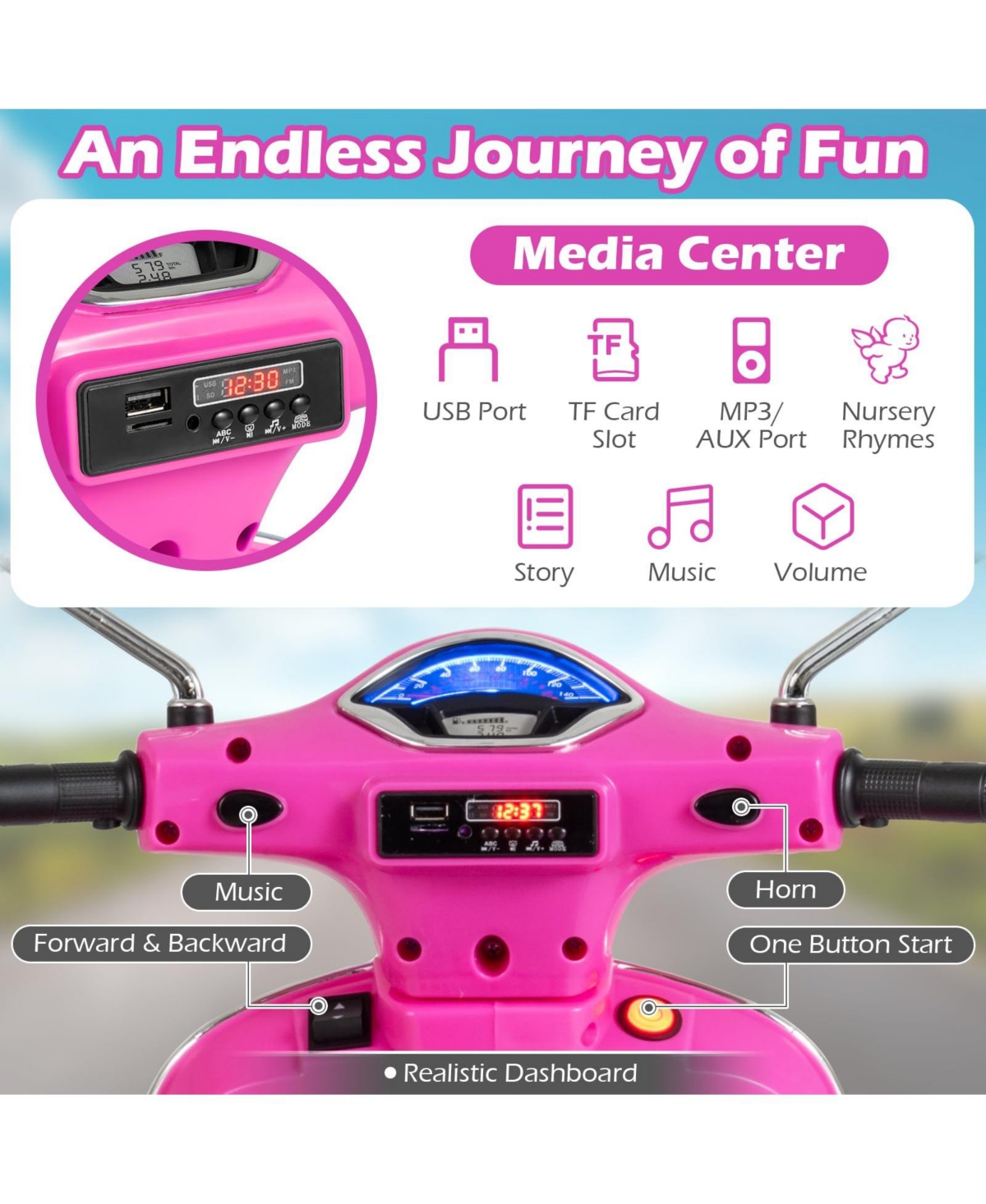 Mecale 12V Kids Electric Motorcycle Licensed Vespa with Music and Training Wheels.