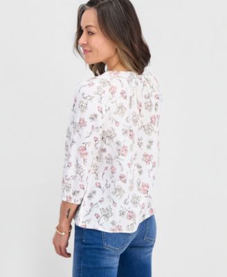 Petite Cotton Gauze Printed 3/4-Sleeve Top