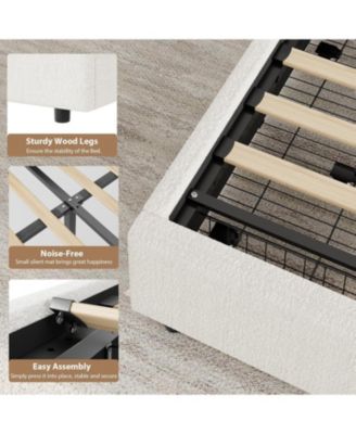 White twin upholstered boucle bed with storage drawers, round headboard, platform frame