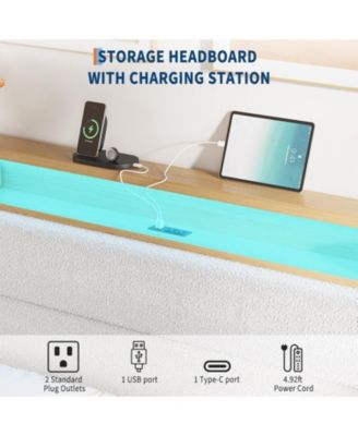 Queen white upholstered bed with LED lights and storage shelves