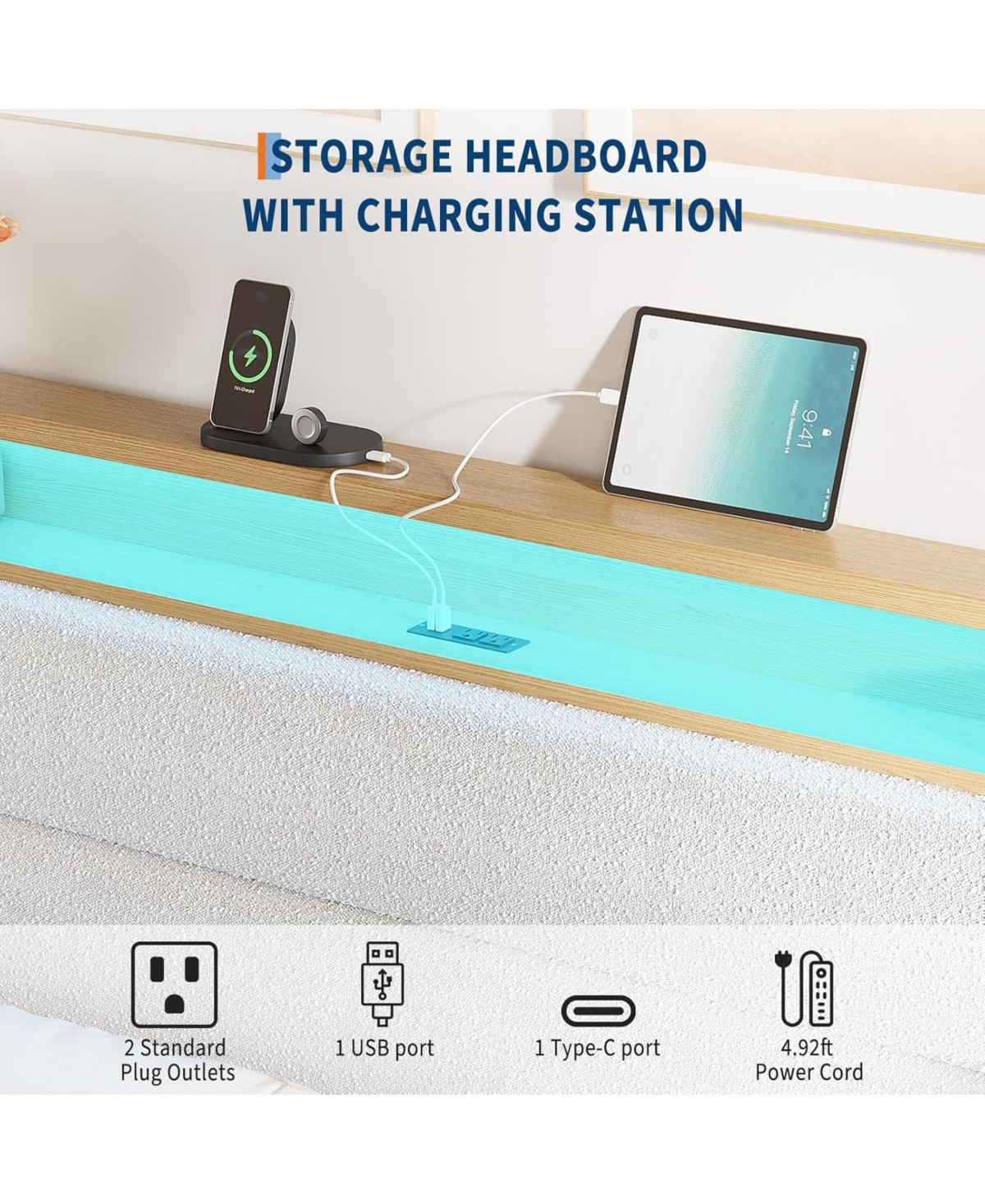 gaomon Queen white upholstered bed with Led lights and storage shelves