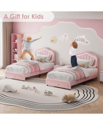 Twin LED Upholstered Bed Frame with Storage Drawer, Velvet Princess Platform for Kids
