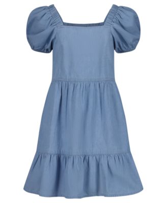 Girls' 7-16 Denim Bubble-Sleeve Dress