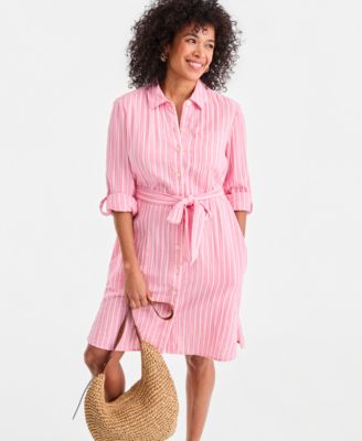 Women's Cotton Striped Tie-Waist Shirt Dress