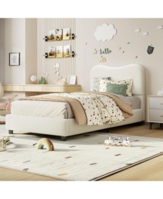 Senfot Twin Kids Boucle Platform Bed, Upholstered Headboard, Sturdy Frame, Wood Slats, No Box Spring
