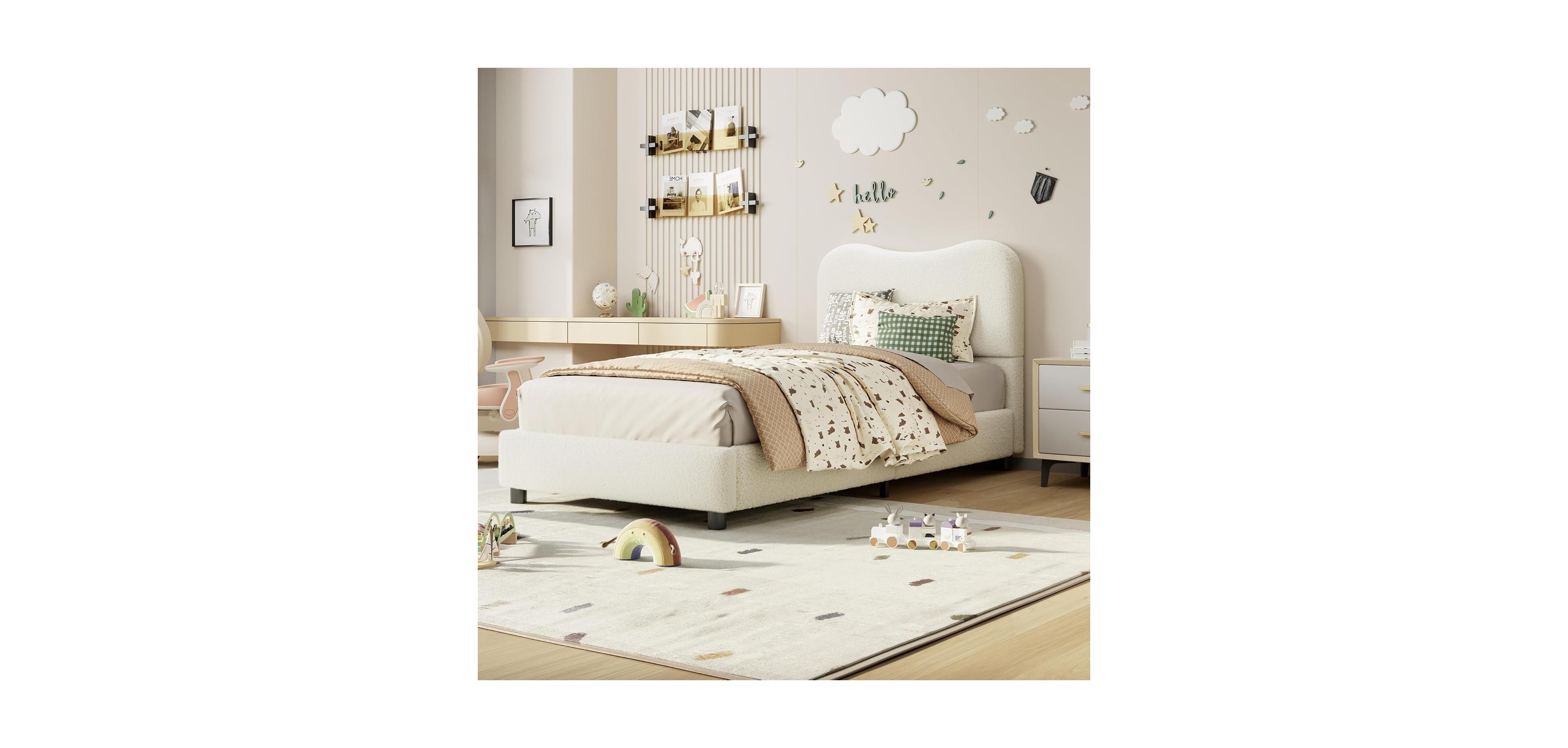 gaomon Senfot Twin Kids Boucle Platform Bed, Upholstered Headboard, Sturdy Frame, Wood Slats, No Box Spring