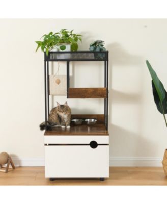 Cat Litter Box Enclosure Cabinet with Cat Tree Tower, Feeding Station, and Scratching Pads