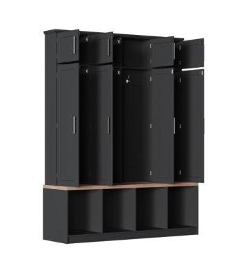 Farmhouse Hall Tree with Hidden Hooks and Walnut Seating Bench